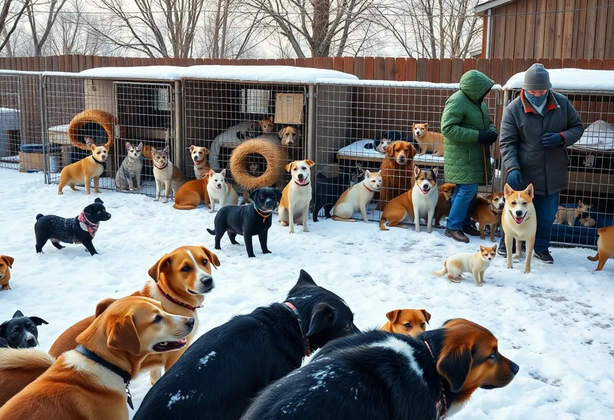 Animal shelter overwhelmed with pets during cold winter.