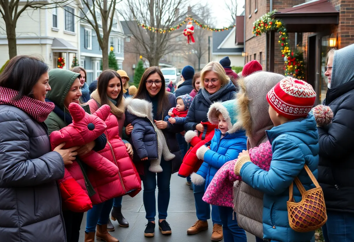 Residents of Brookville Garden sharing winter coats with children