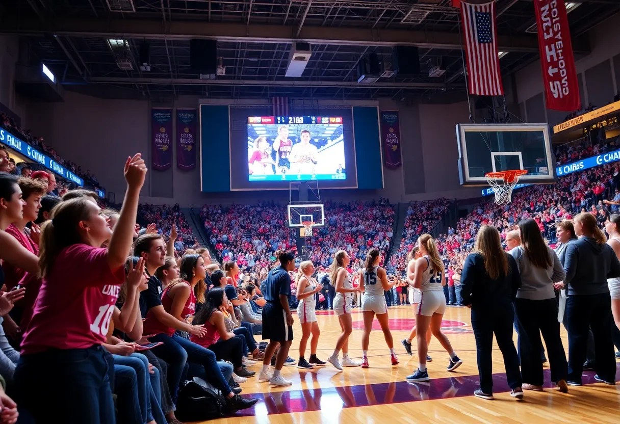 Fans celebrating during a women's basketball game at Mizzou Arena