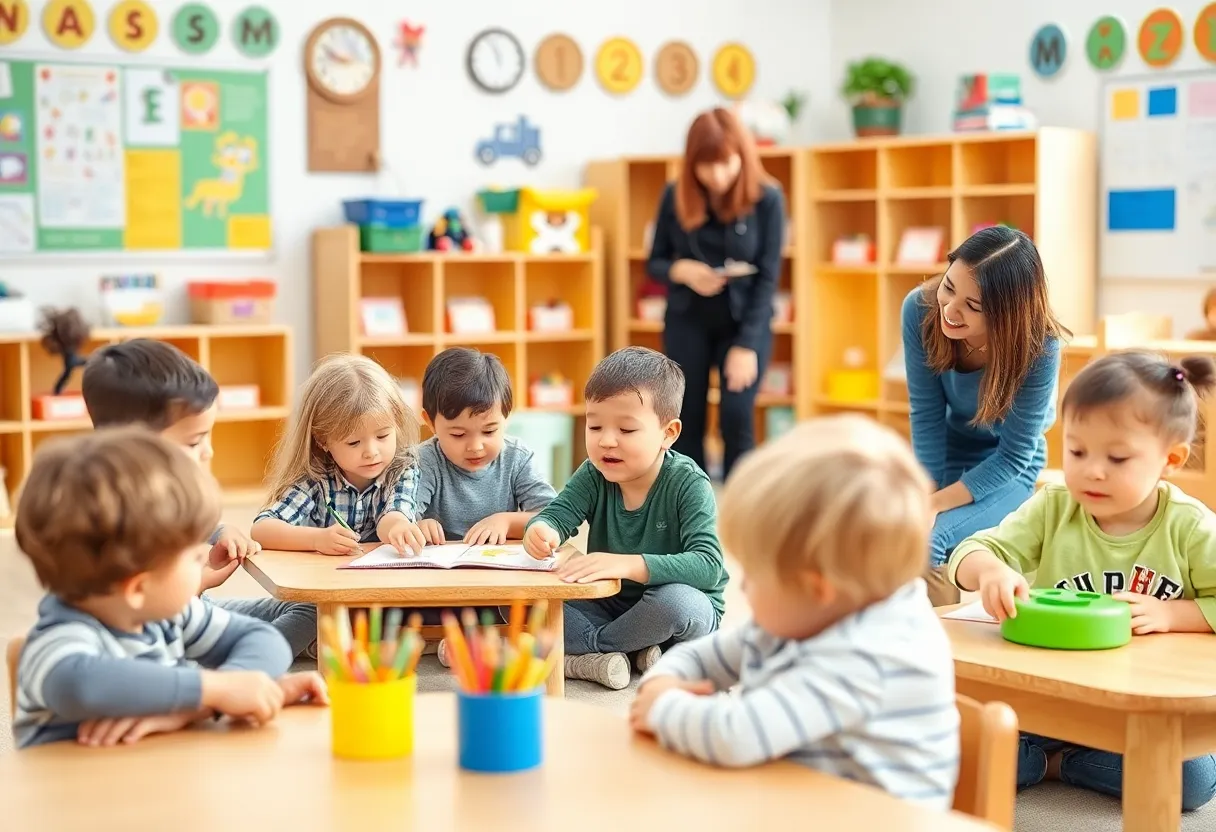 Children engaged in early learning activities in a colorful classroom
