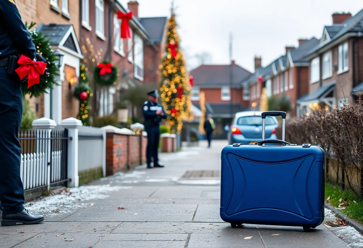 Scene depicting a neighborhood during Christmas with police presence