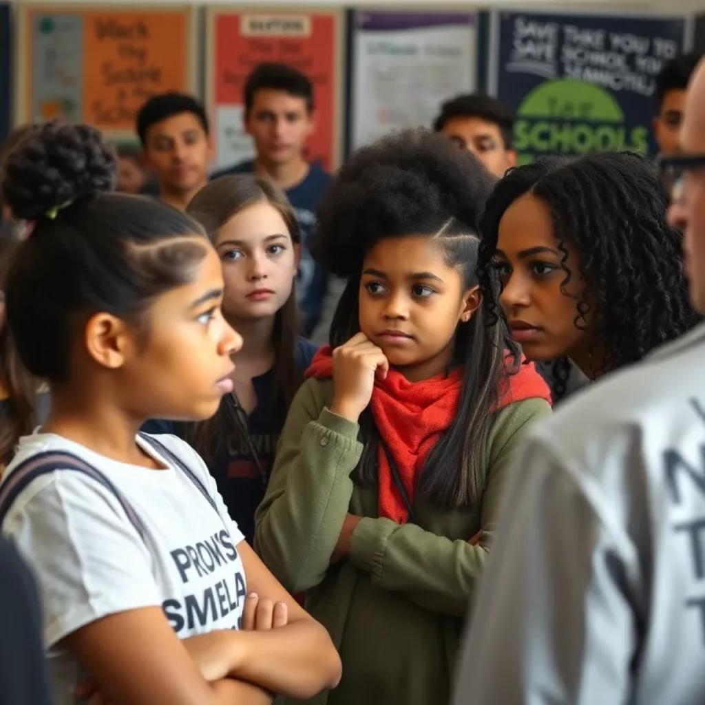 Community members talking about safety in schools