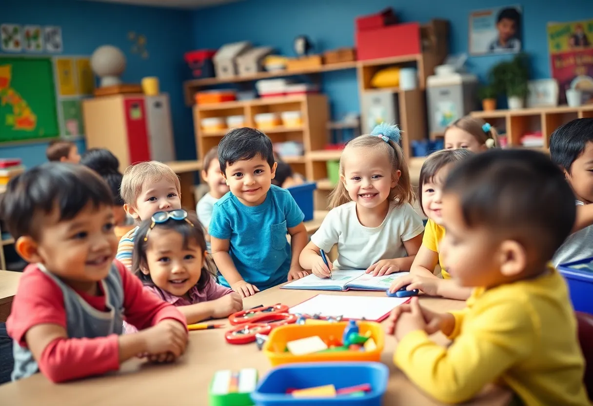 Children engaged in activities in a colorful early learning classroom