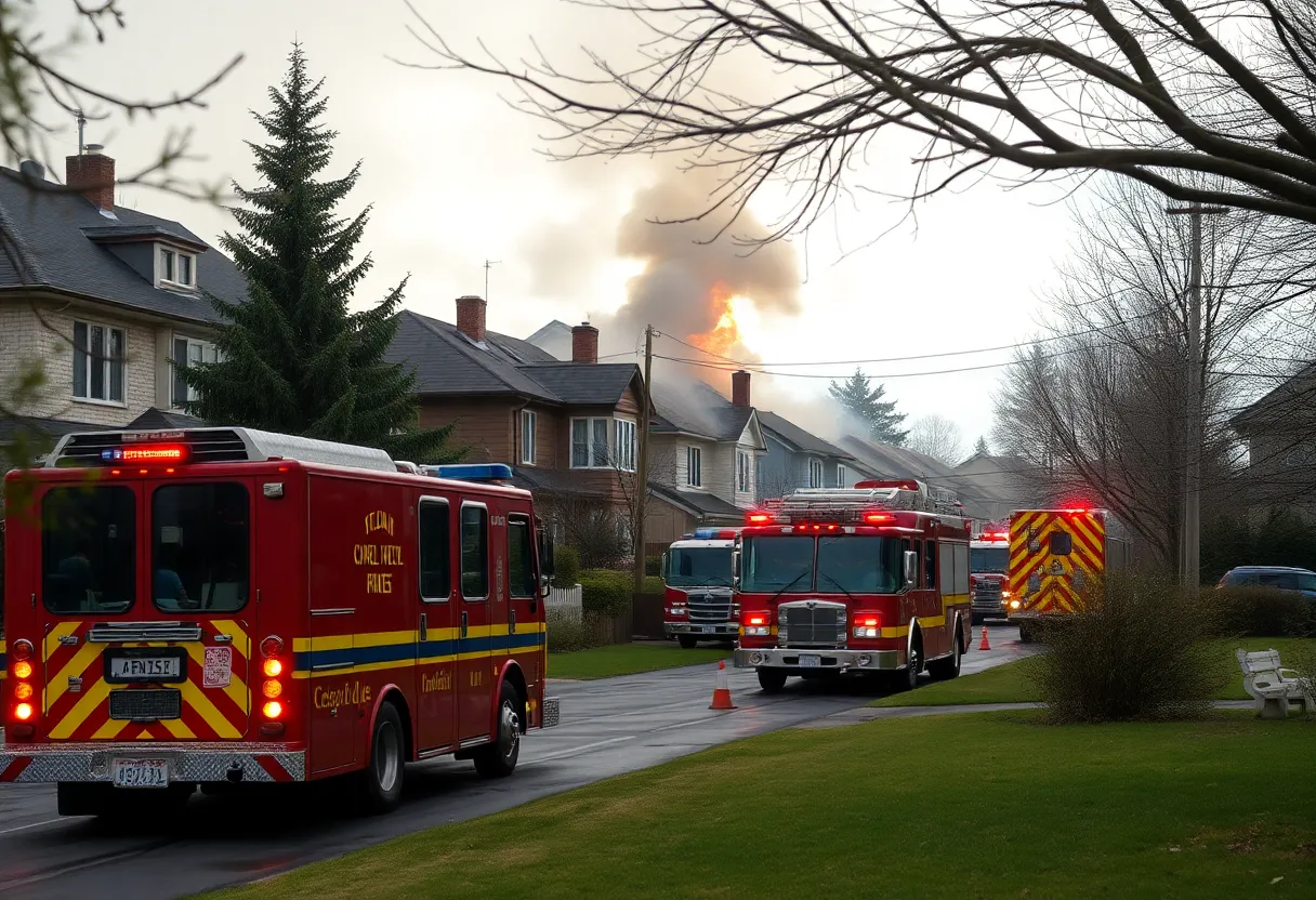 Firefighters and emergency responders at the scene of a trailer fire