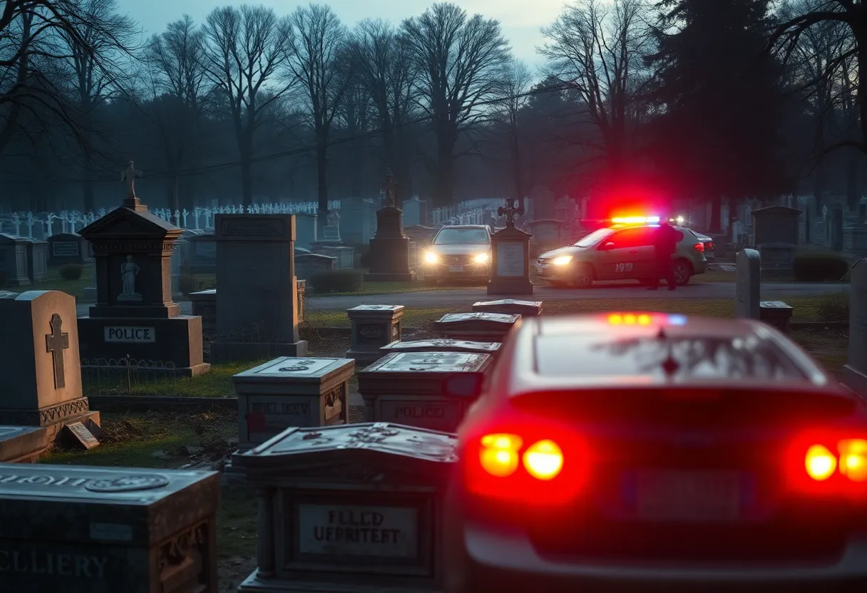 Police at a cemetery following a chase incident