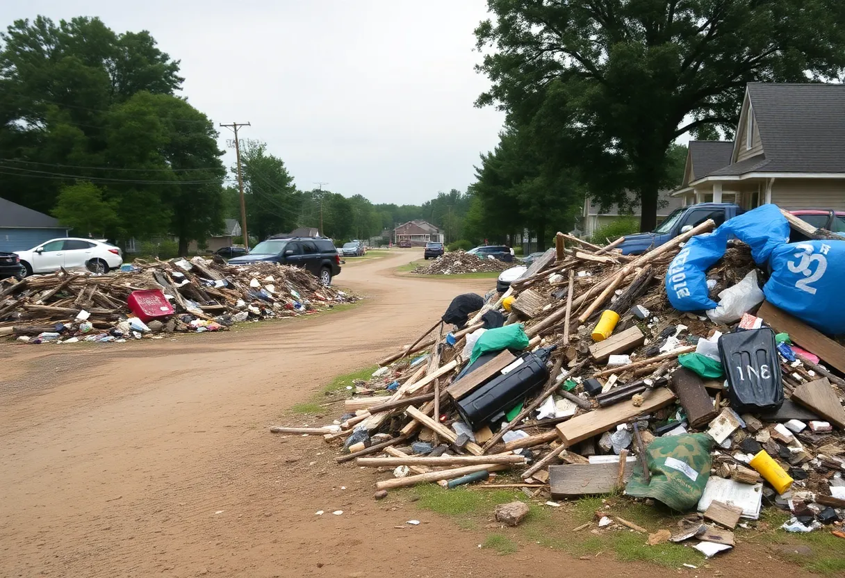 Piles of trash and debris in Oktibbeha County residential area showing illegal dumping