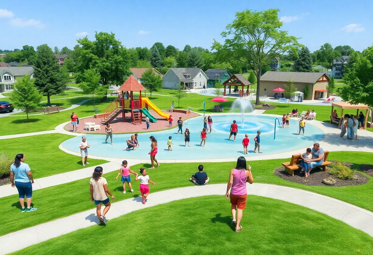 Families enjoying the renovated McKee Park with playgrounds and a splash pad