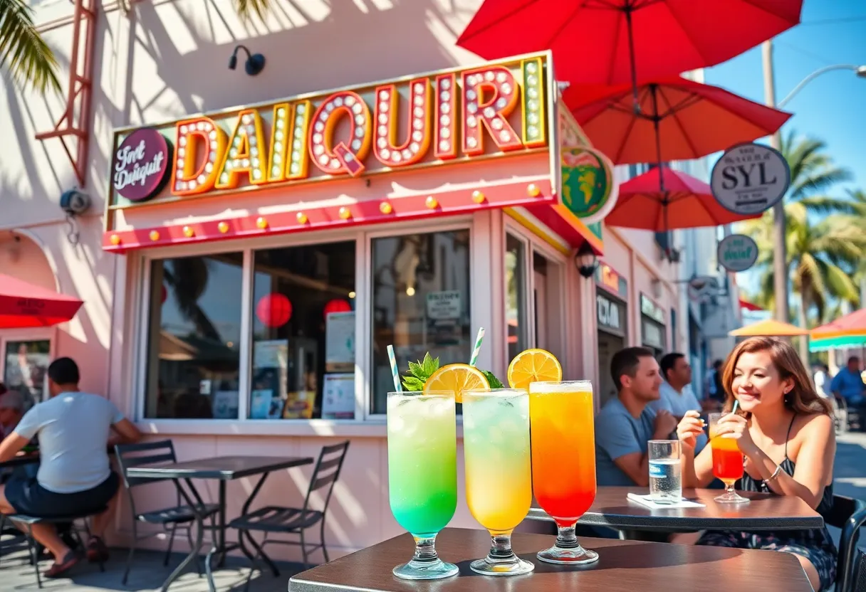 Exterior of Mississippi Ice Daiquiri Shop with customers enjoying drinks