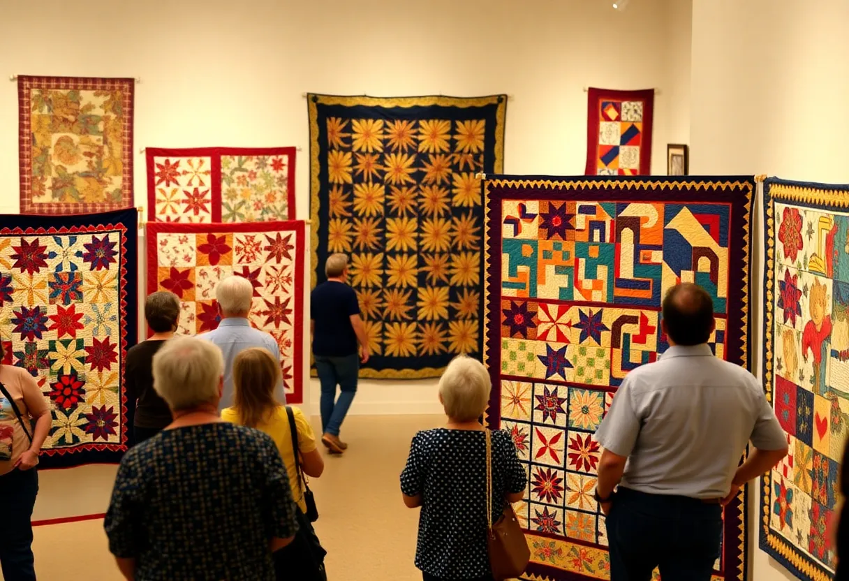 Visitors admiring quilts at the Mississippi quilt exhibition