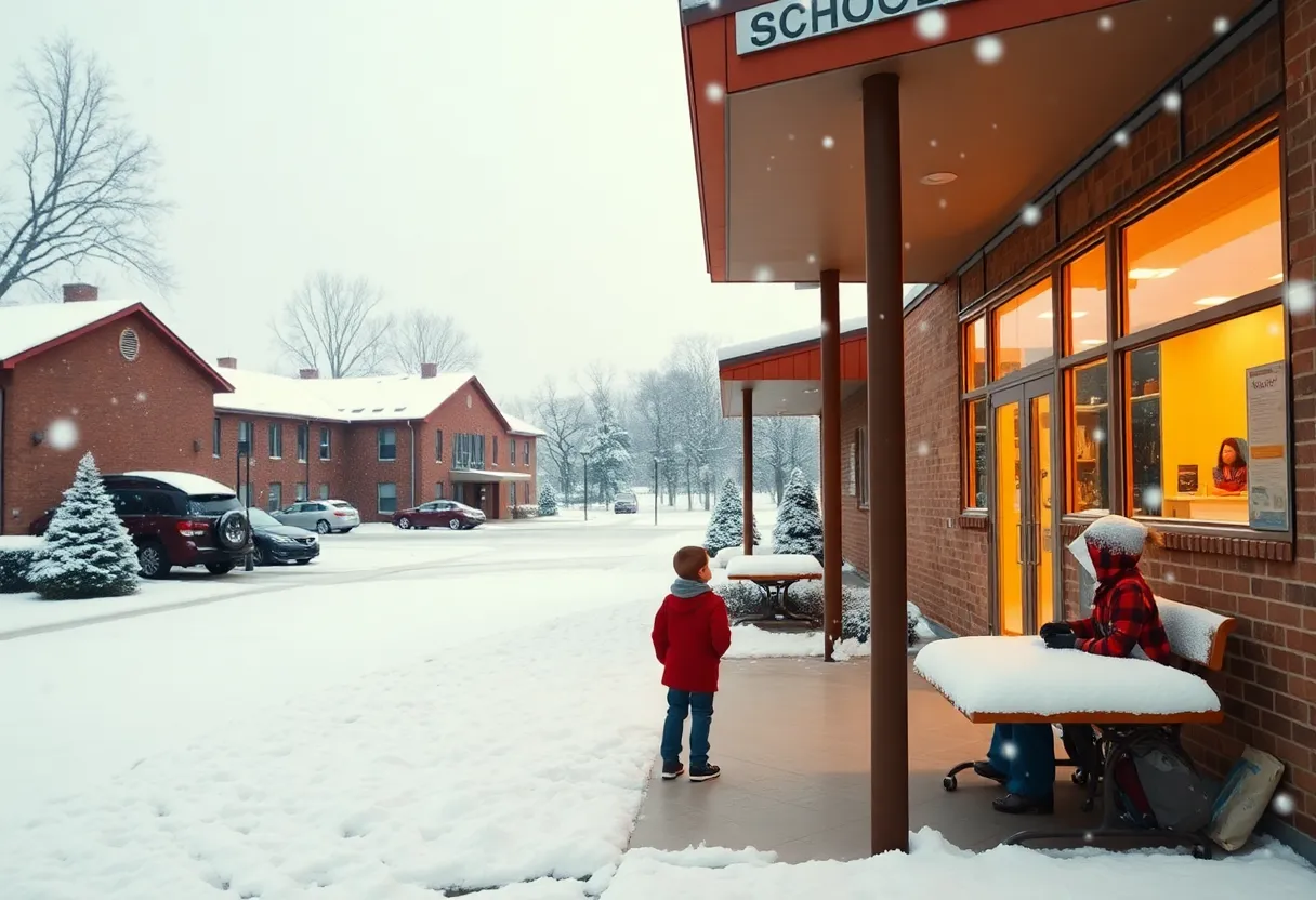 Snowy school campus in Mississippi during winter storm