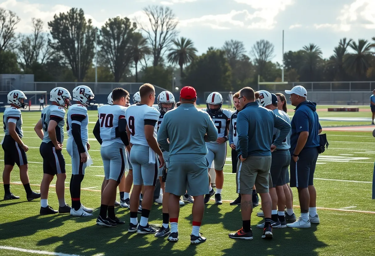 Mississippi State football team huddling with coaches