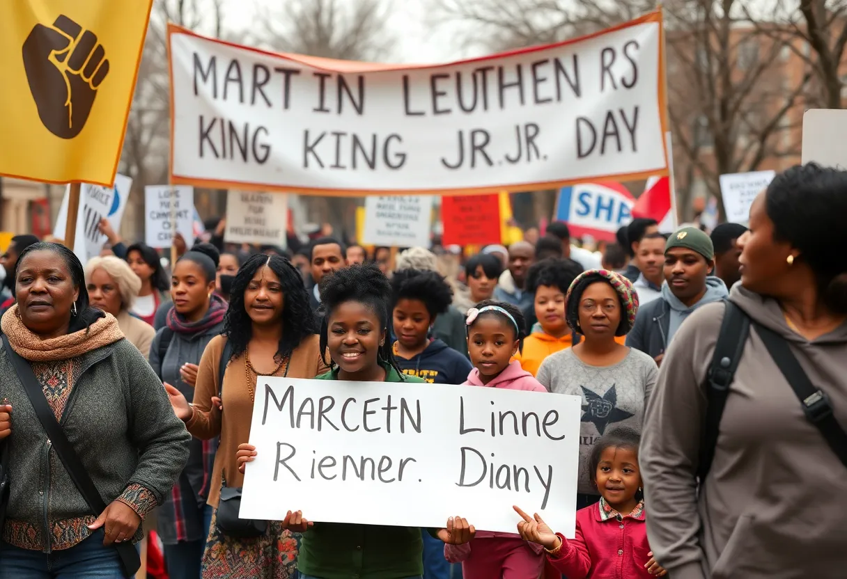Community celebrating Martin Luther King Jr. Day with a freedom walk.