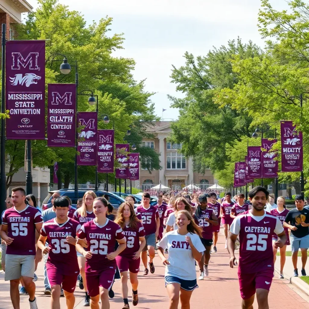 Athletes from Mississippi State University showing teamwork and community support.