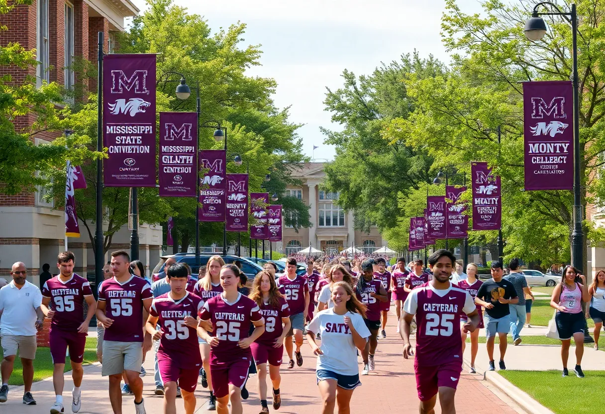 Athletes from Mississippi State University showing teamwork and community support.