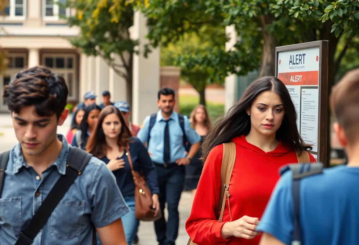 Students on campus responding to a bomb threat alert.