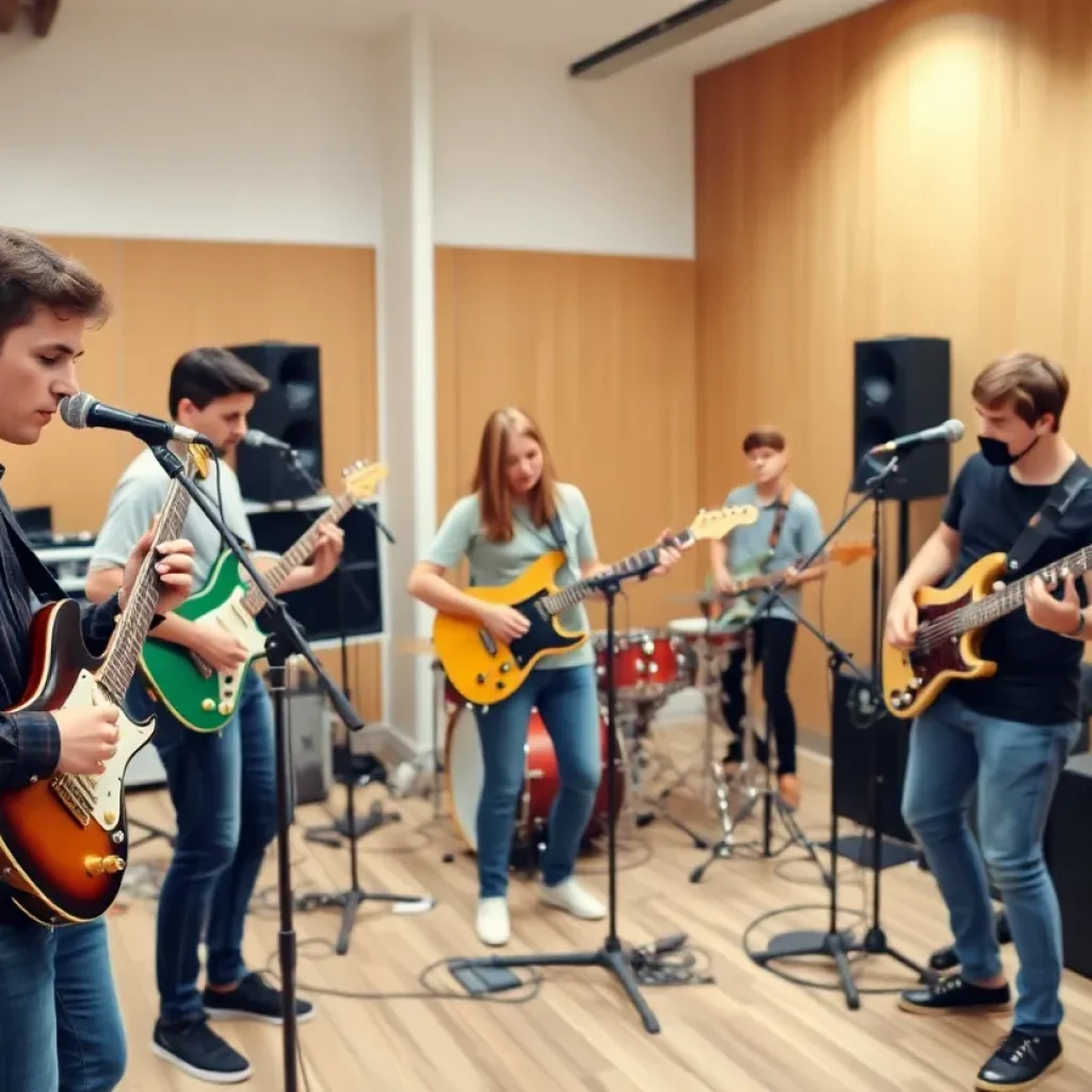 Young musicians practicing in a band rehearsal facility