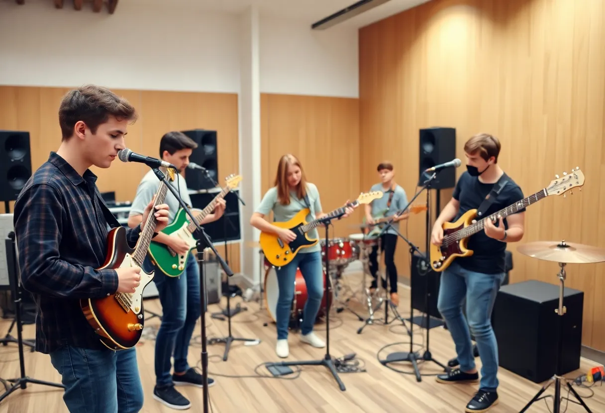 Young musicians practicing in a band rehearsal facility