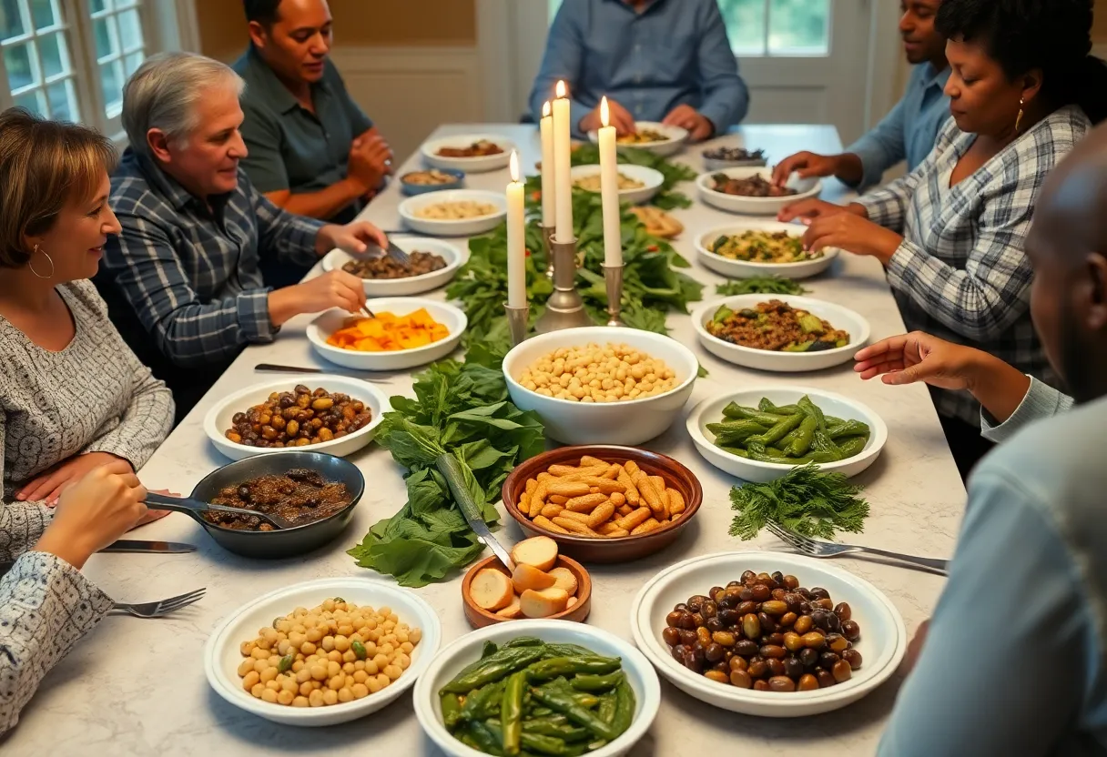Families celebrating New Year's with traditional dishes in Columbus, Mississippi.