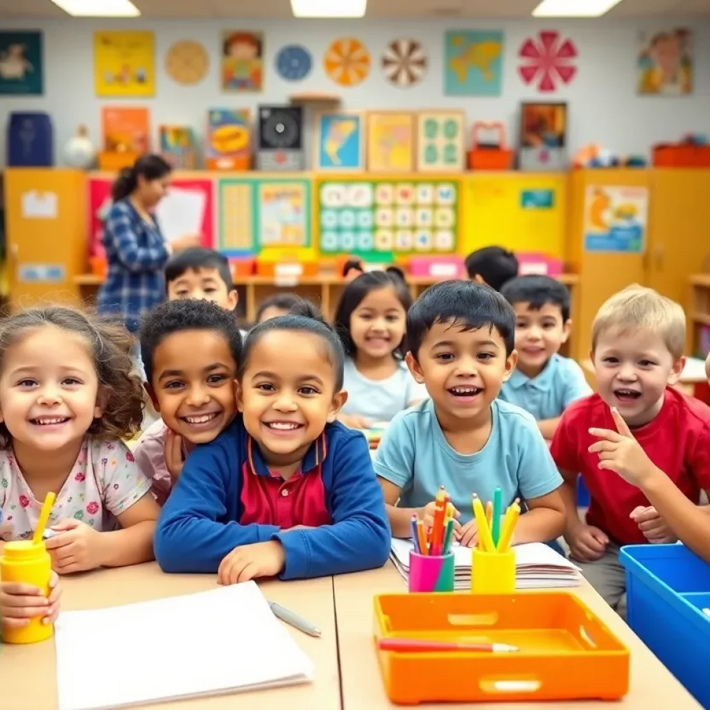 Children engaged in educational activities in a vibrant classroom in Oktibbeha County.