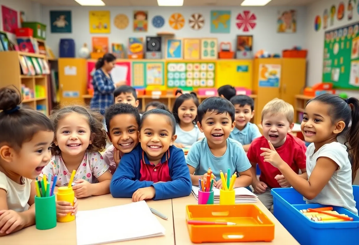 Children engaged in educational activities in a vibrant classroom in Oktibbeha County.