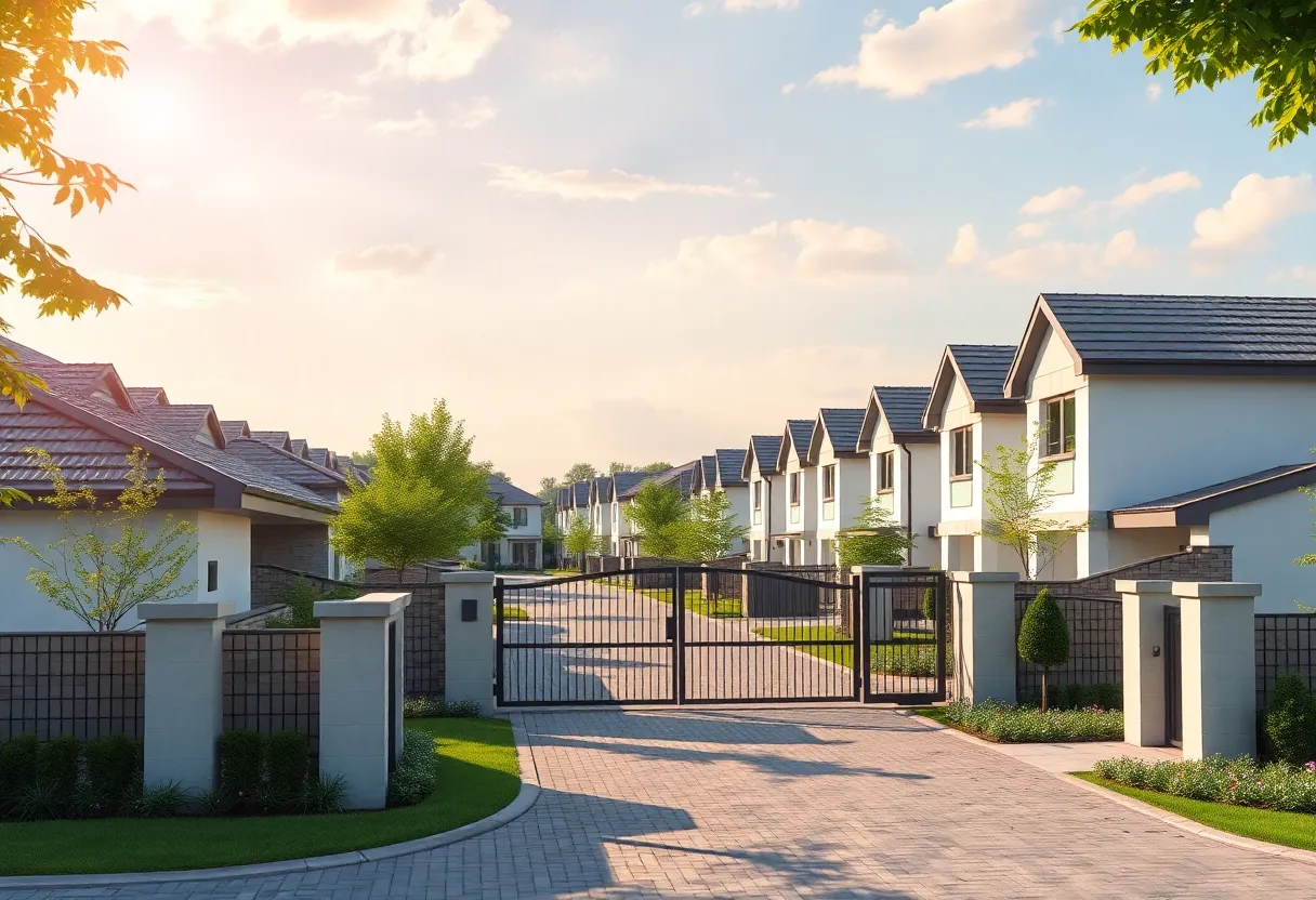Illustration of a new gated community in Oktibbeha County with modern homes and recreation areas.