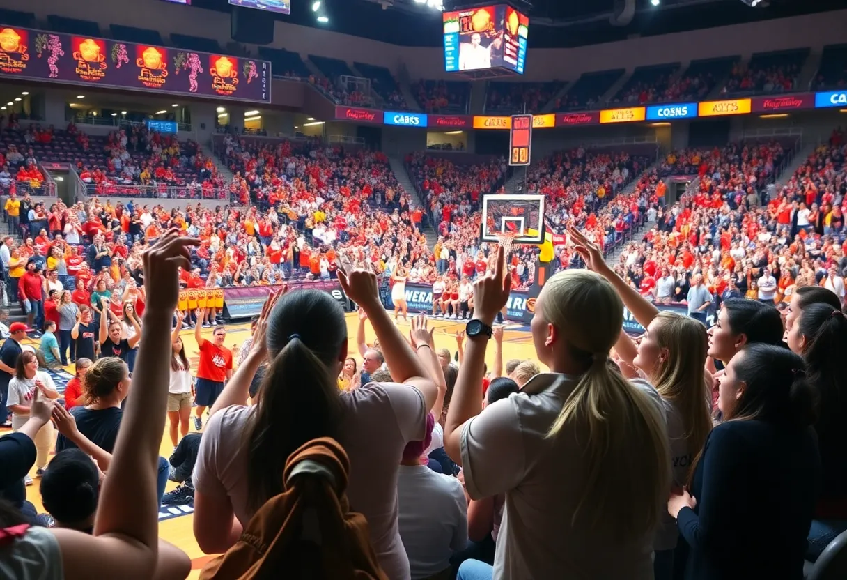 Women's basketball game between Ole Miss and Mississippi State with cheering fans in the background.