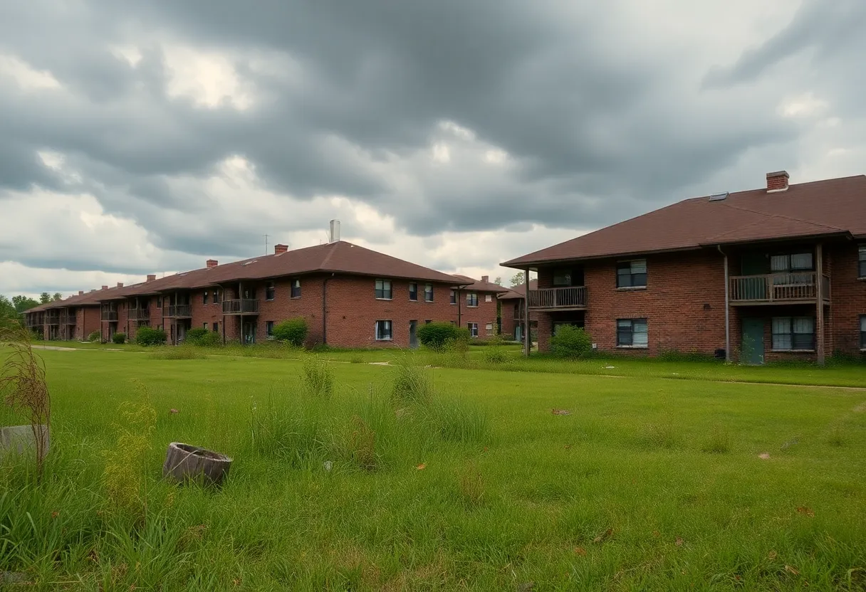 View of Pecan Acres housing development in Starkville with overgrown grass.