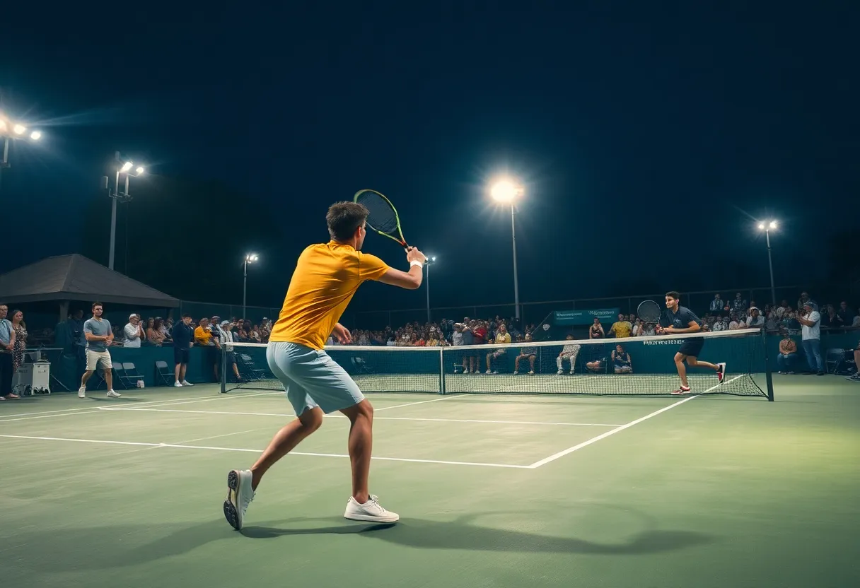 Tennis players in action at the Rula Tennis Pavilion during the ITA Kickoff Weekend.