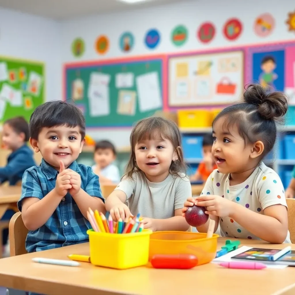 Children in a bright classroom during a Pre-K program activity