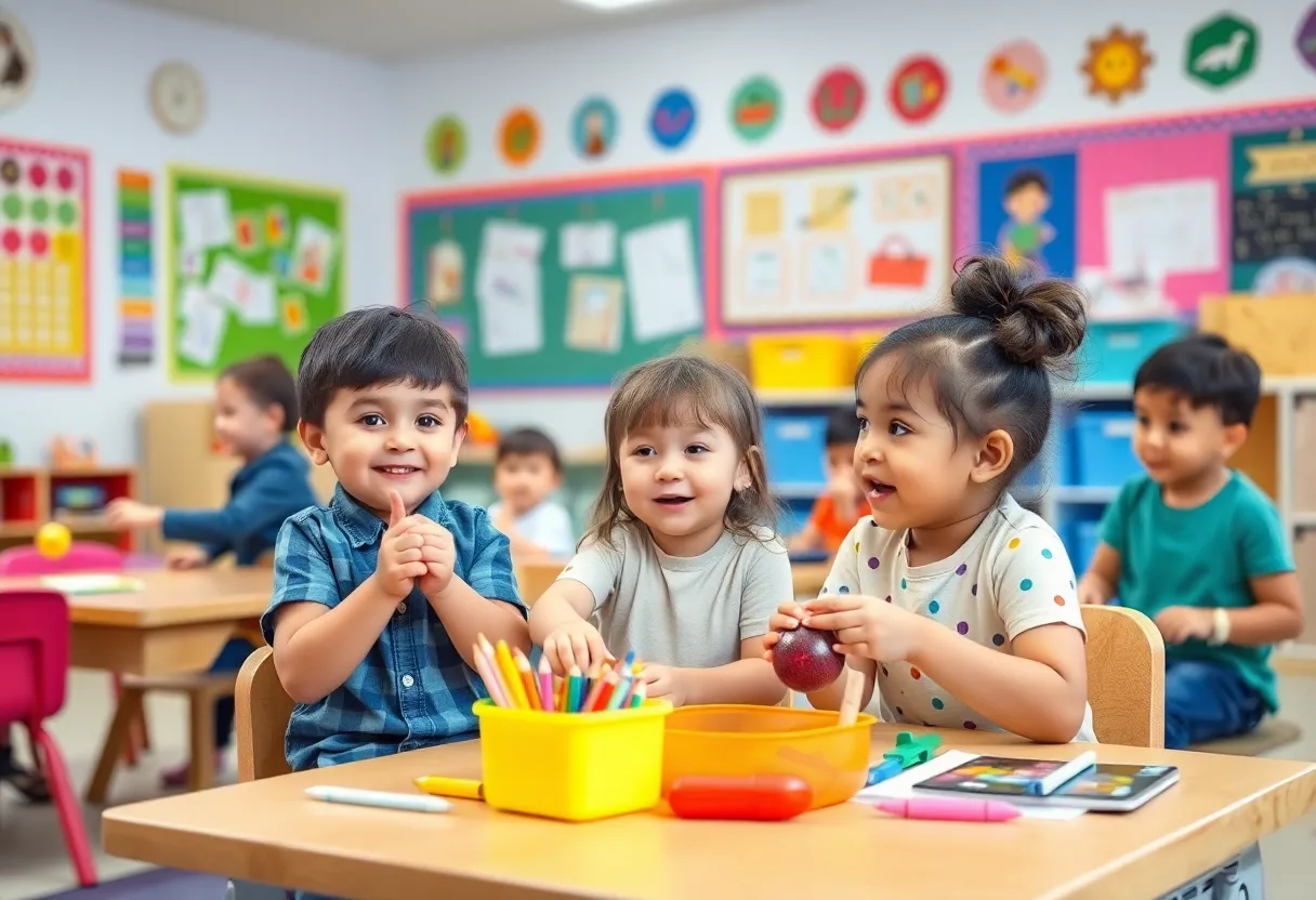 Children in a bright classroom during a Pre-K program activity