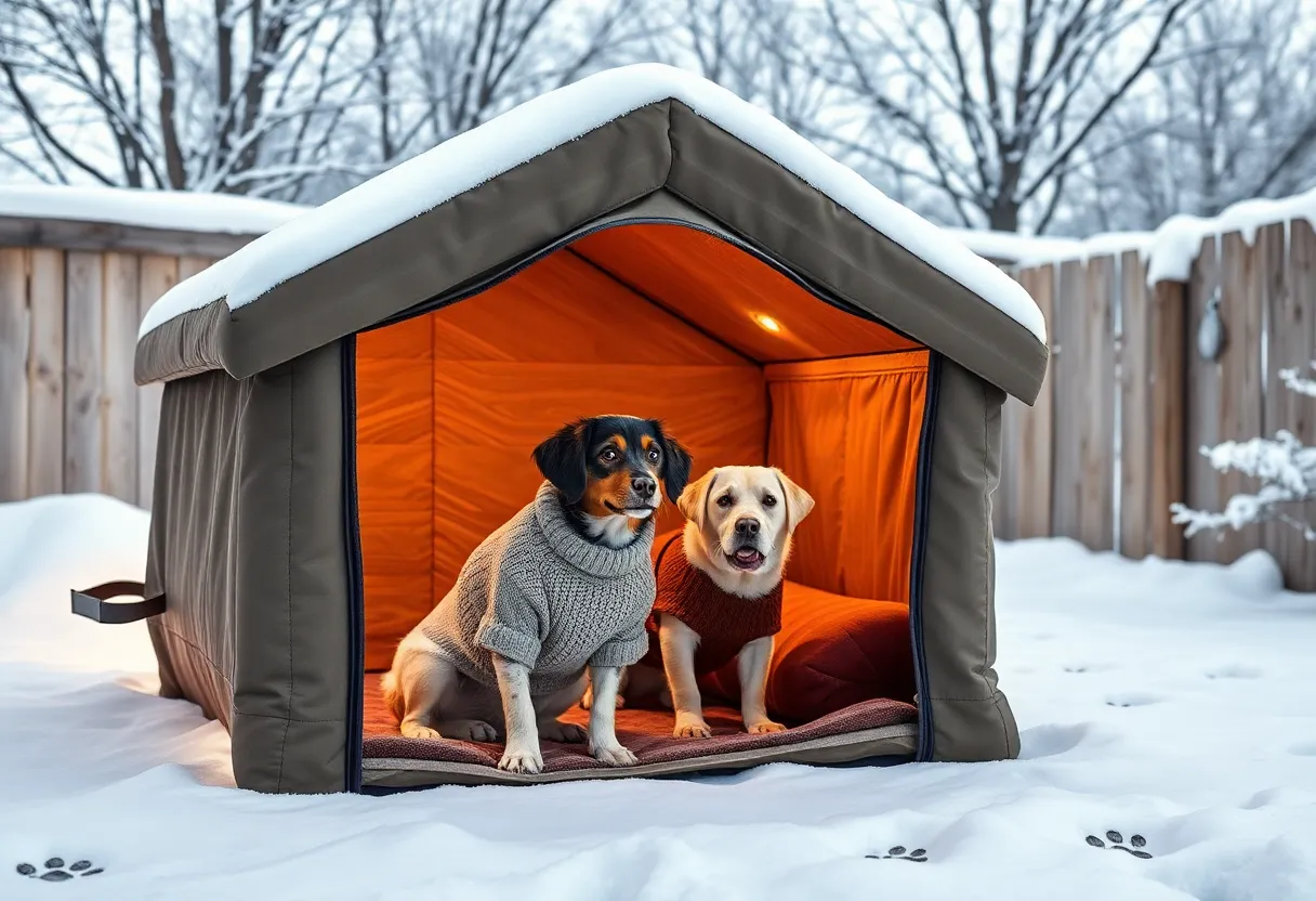 A dog in a sweater in front of a warm shelter in a snowy garden.