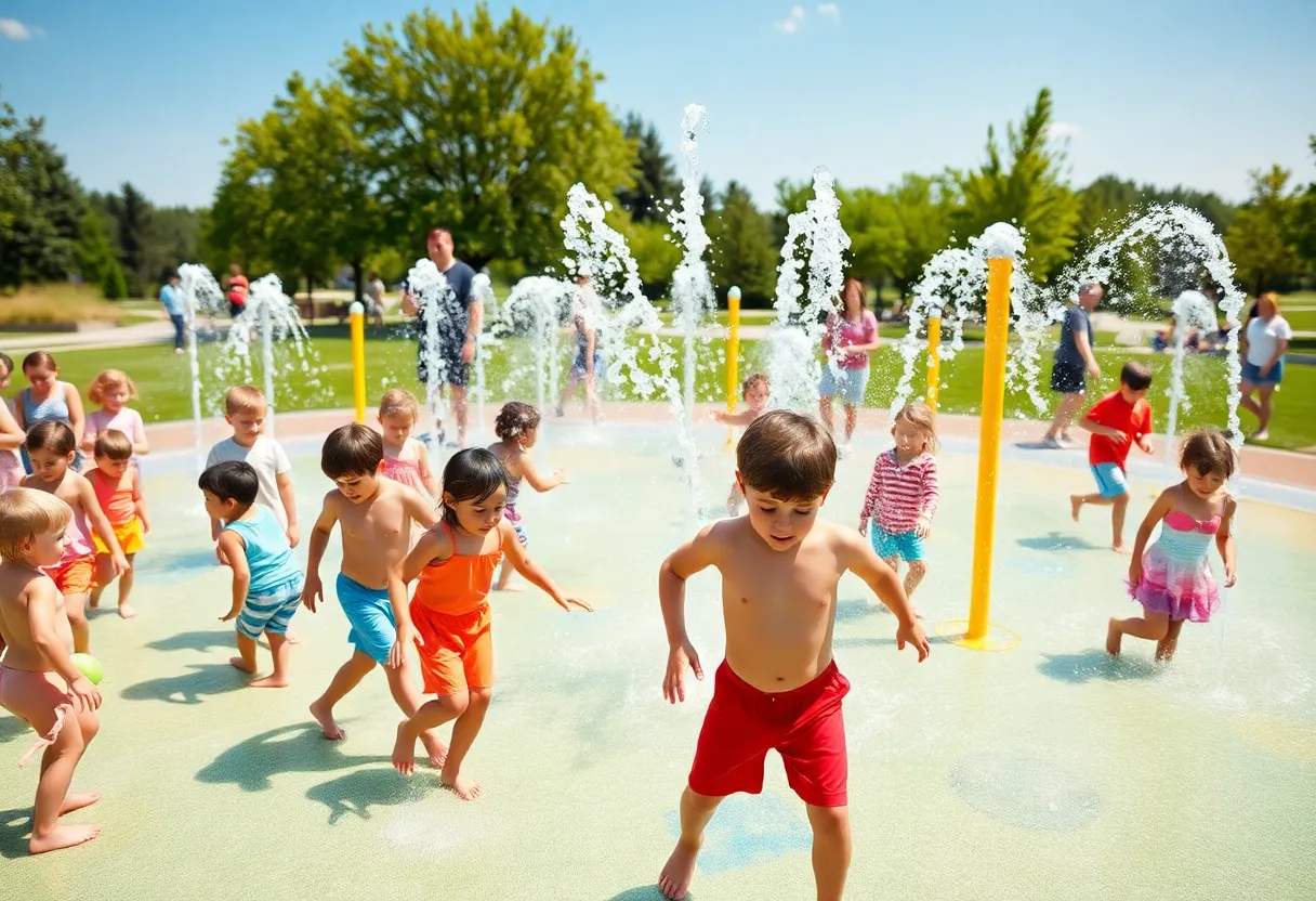 Children playing at the new splash pad in Starkville