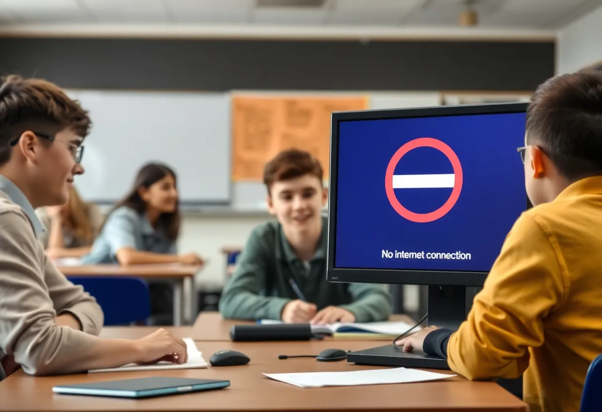 Students learning in a classroom without internet access