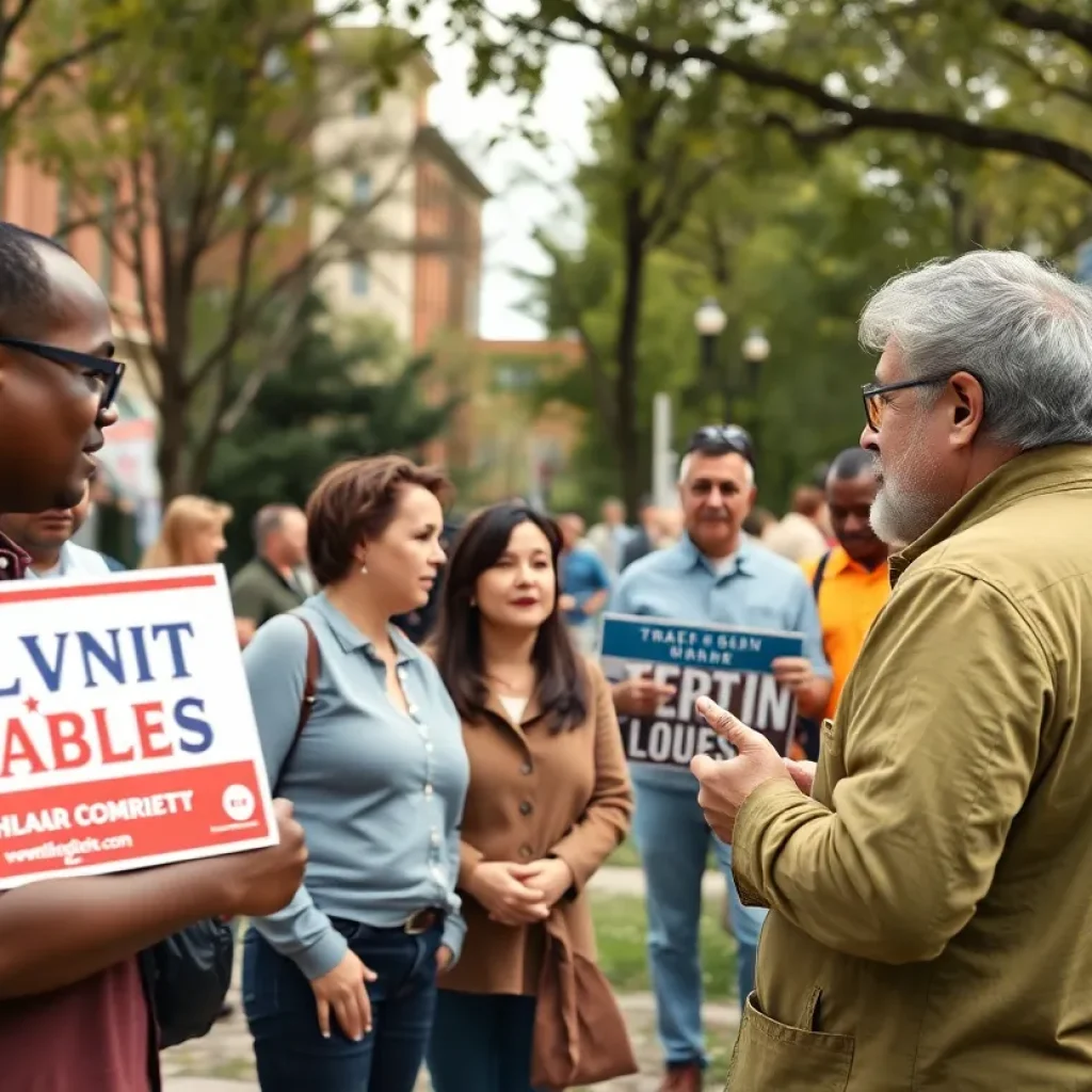 Community members in Starkville discussing politics in a park.