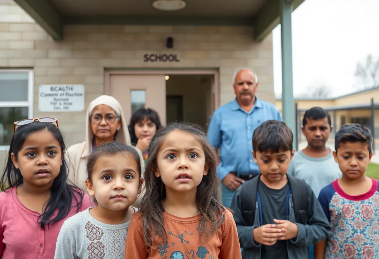 Concerned community members outside a high school