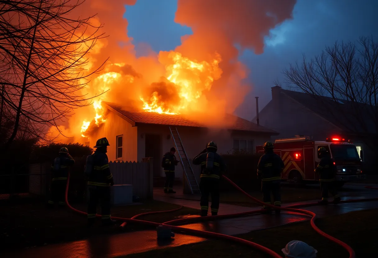 Firefighters combating a residential fire in Starkville
