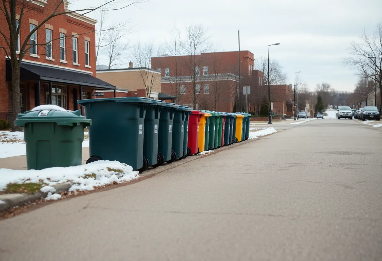 Garbage bins lined up in Starkville for collection
