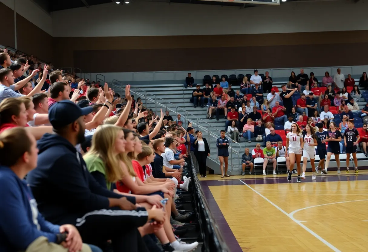 Community members cheering at a high school sports event in Starkville.