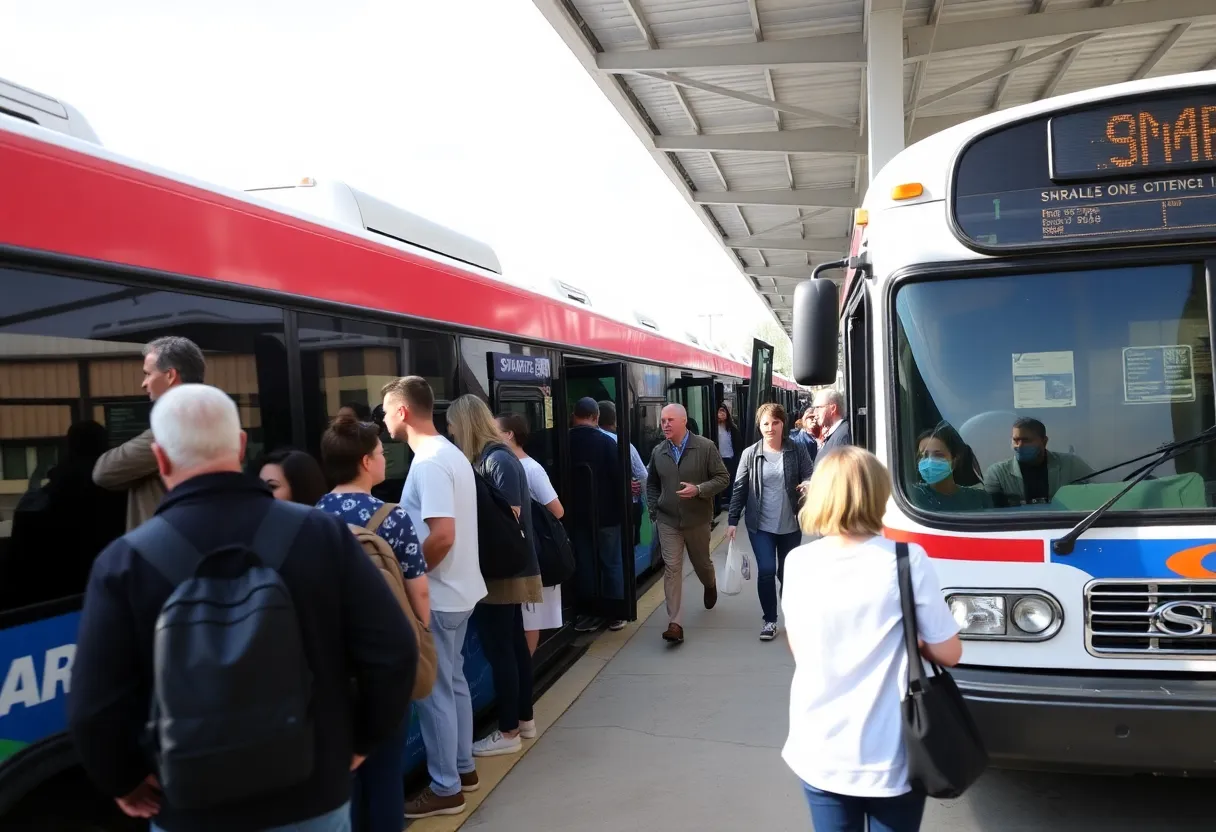 SMART buses at Starkville bus station with riders.