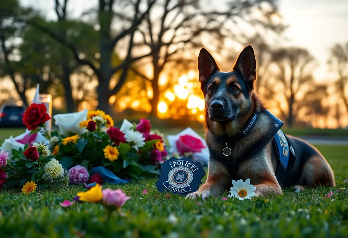 Memorial tribute for K9 Officer Kojack with flowers and a police badge.