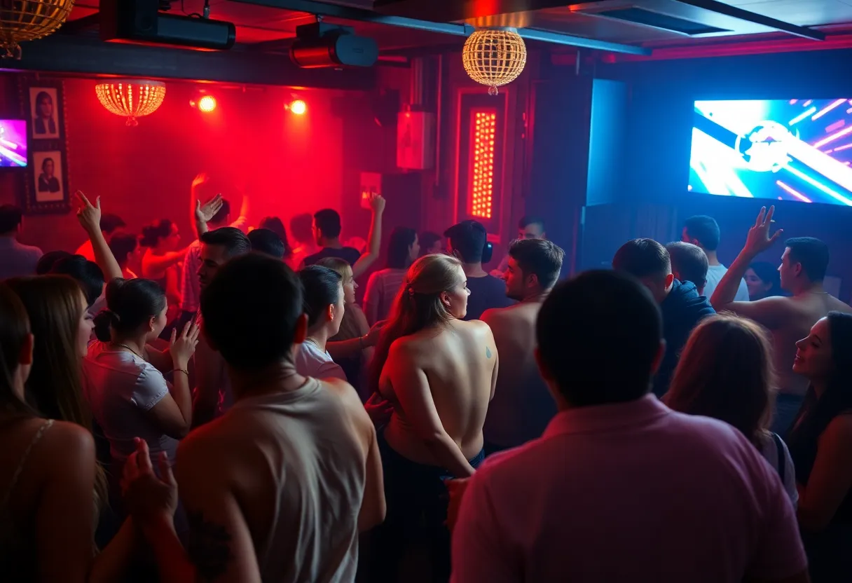 A lively nightclub scene in West Point with people dancing and enjoying music.