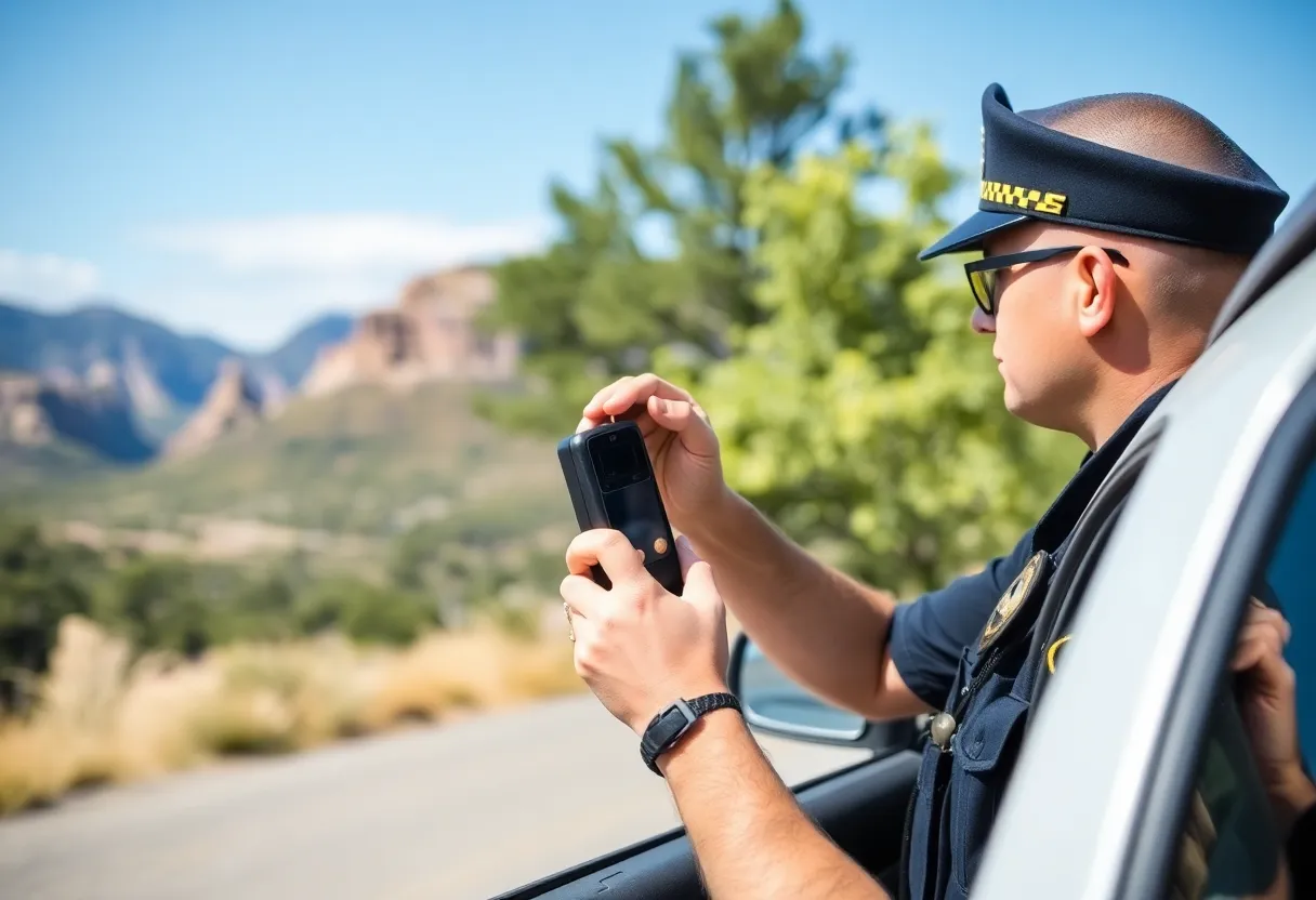 Police officer conducting window tint inspection in West Point