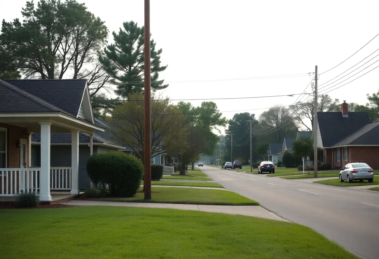 An overview of a neighborhood in West Point, Mississippi, reflecting the aftermath of a recent shooting incident.