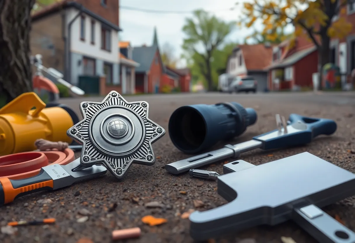 Image depicting tools and a police badge representing a tool theft investigation in West Point.