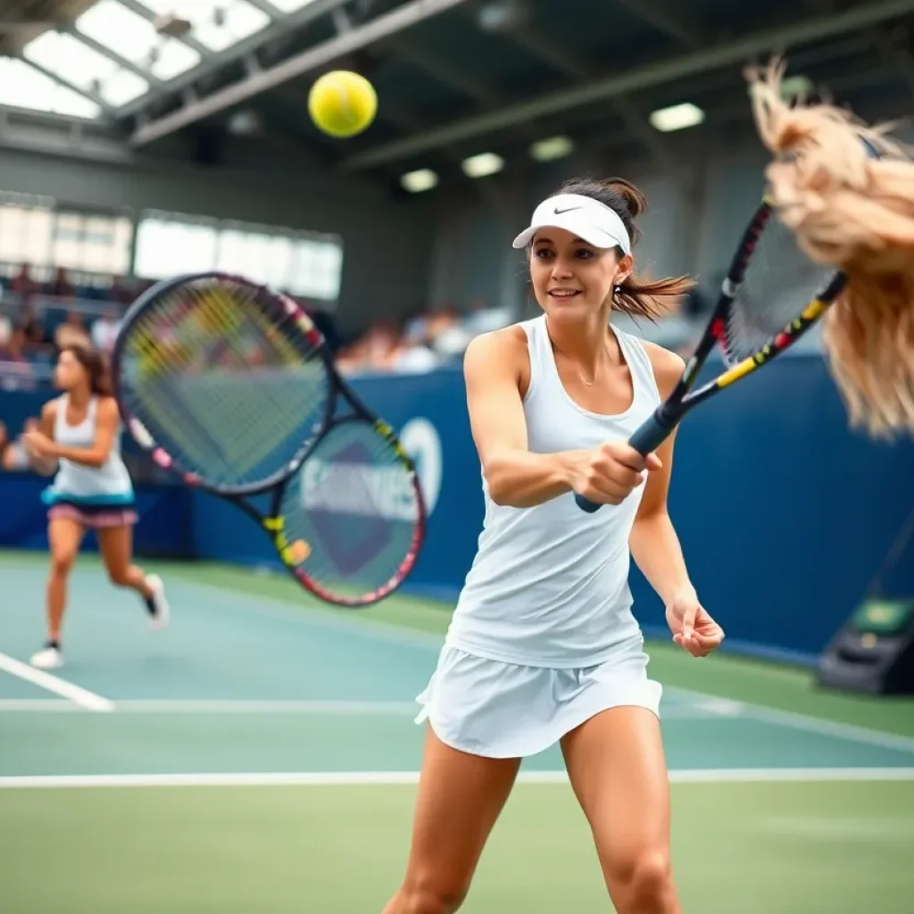 Action shot of A-State women's tennis team in a match against Mississippi State.