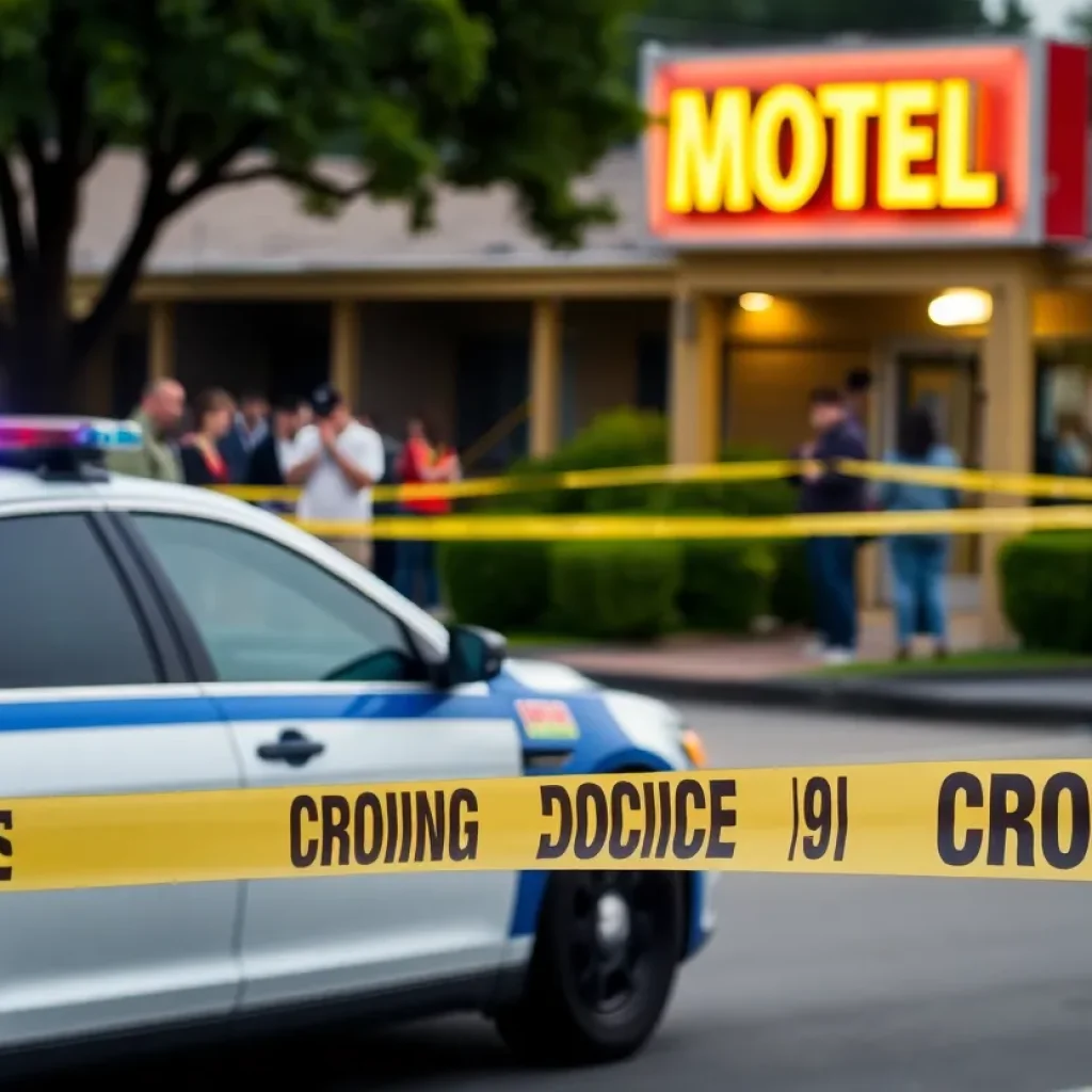 Police car outside a motel during an investigation.