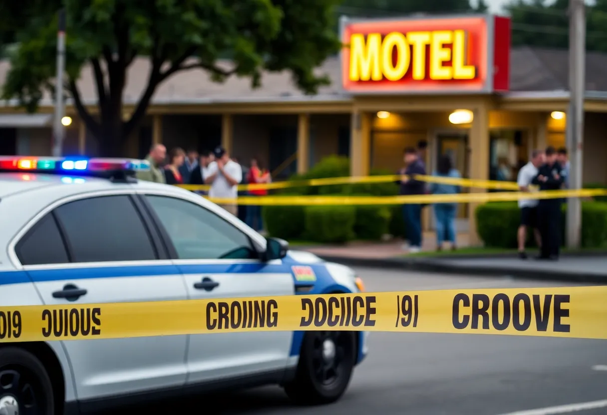 Police car outside a motel during an investigation.