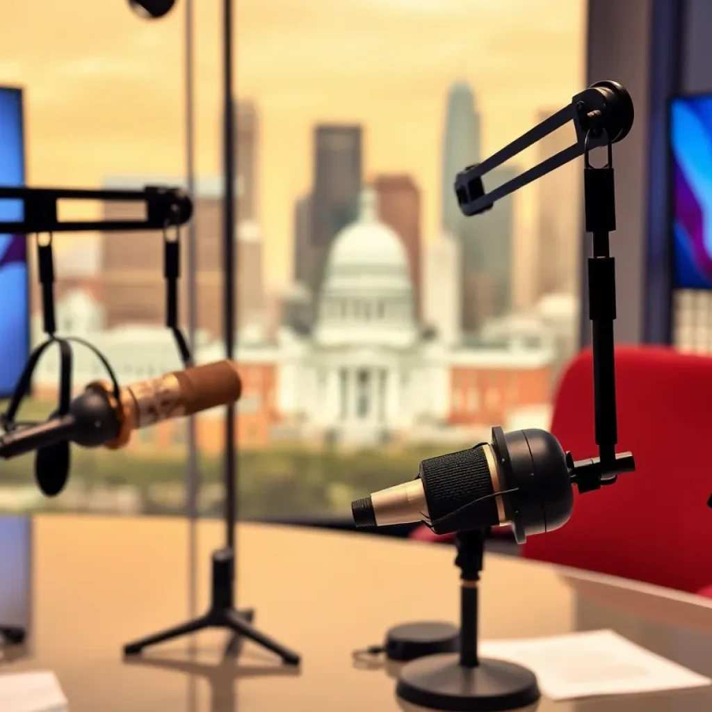 Modern podcast recording studio designed for local political discussions.