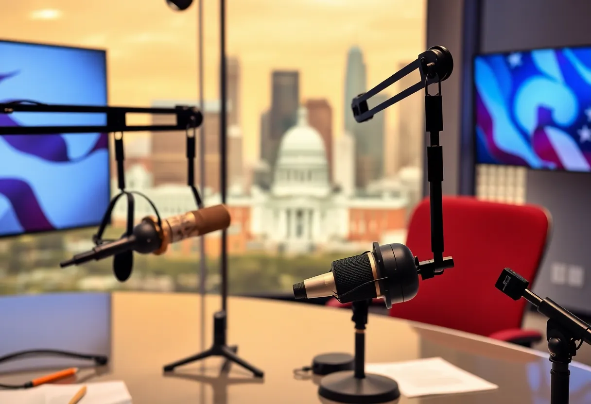 Modern podcast recording studio designed for local political discussions.