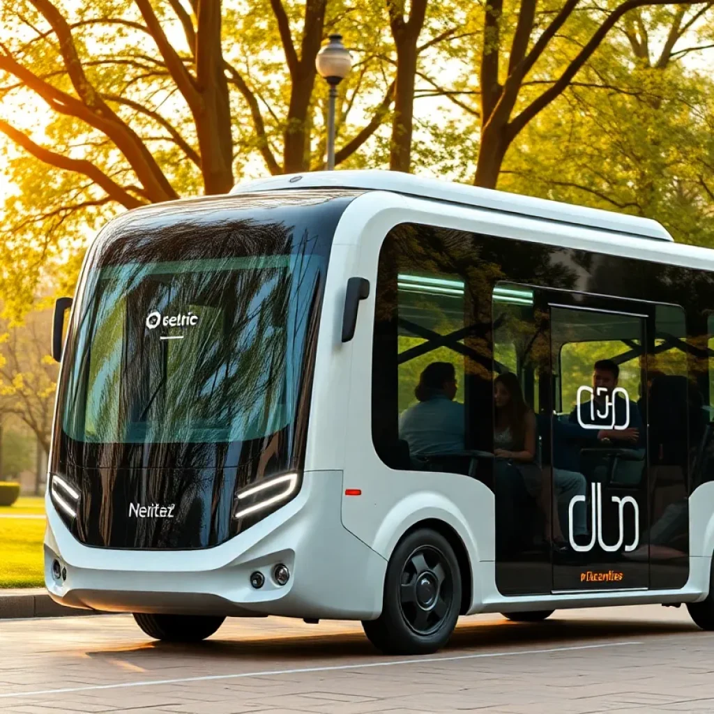 Electric driverless shuttle bus parked on campus with students nearby